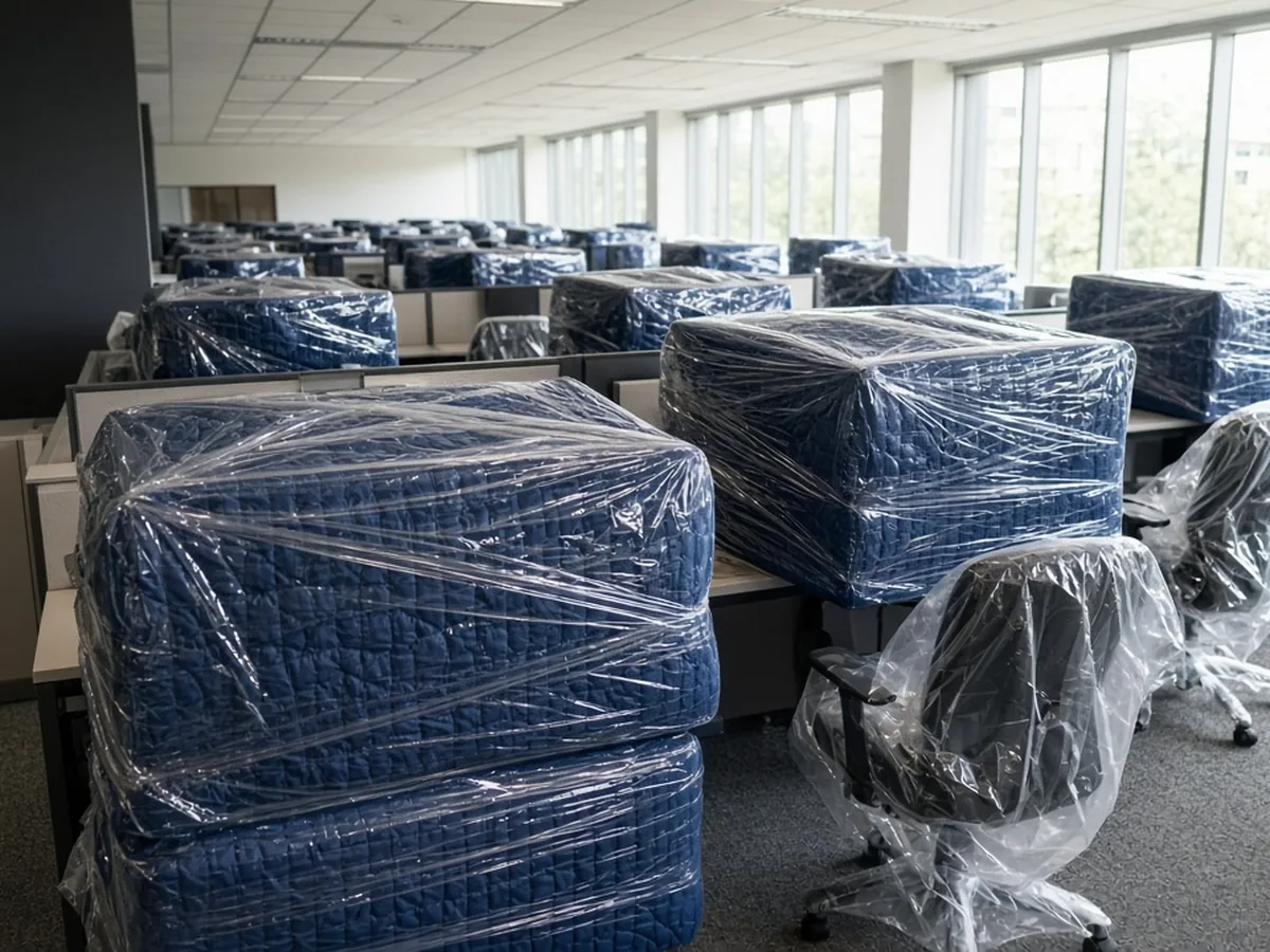 Office workstations wrapped in blue moving blankets during a Tampa office move