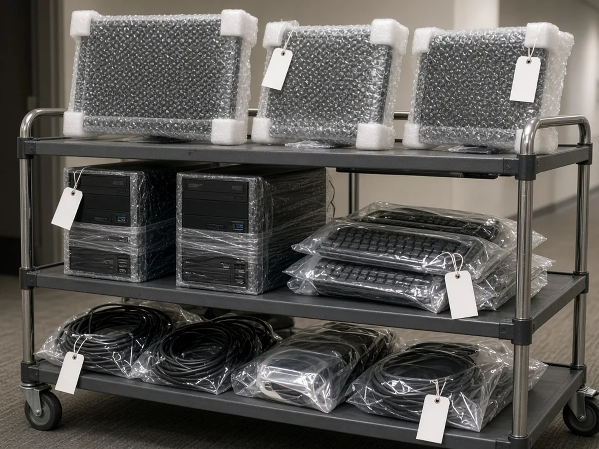 Computer monitors, towers and keyboards packed and tagged on a cart for an office relocation