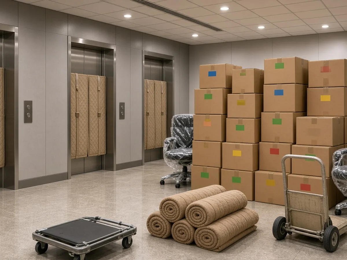 Labeled boxes, rolled pads and dollies staged in an elevator lobby for an office move