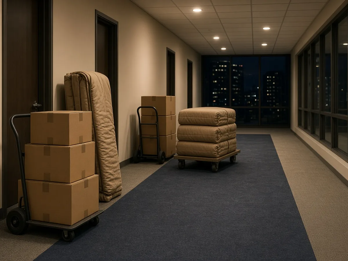 Office corridor in the evening with loaded hand trucks for an after-hours office move in Tampa